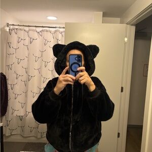 SHEIN Black Plush Hoodie with Bear Ears